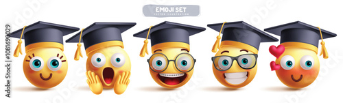 Student emoji character vector set. School graduate emojis clip art characters in happy, shock, excited, blushing, smiling braces and clever wearing mortar board hat collection. Vector illustration 