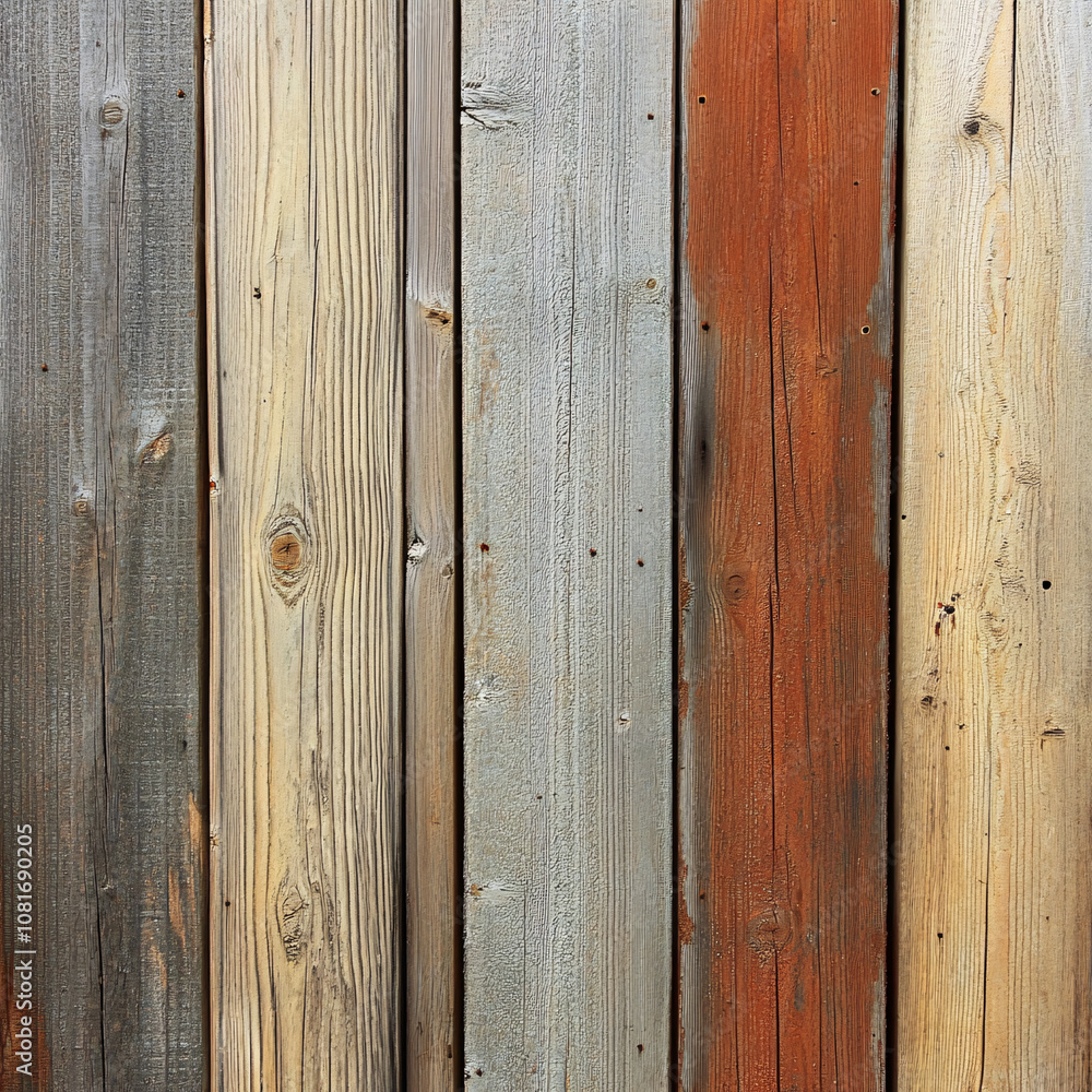 Fototapeta premium Rustic Wooden Planks with Weathered Texture and Natural Hues, A weathered wooden plank texture with various shades of brown and gray, Vintage Wooden Board Texture in Shades of Brown and Gray.
