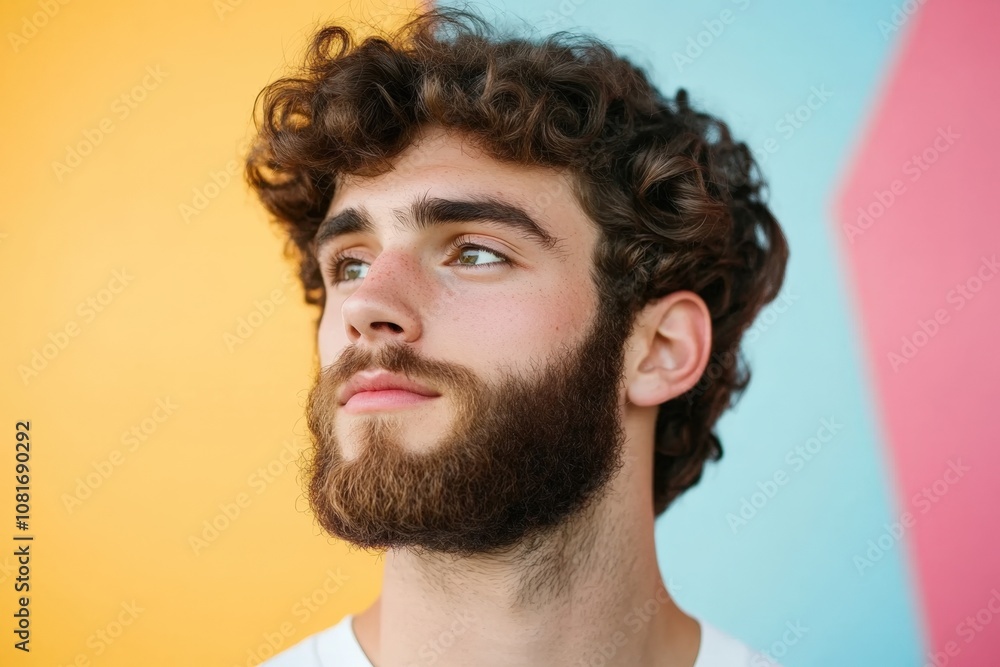 Obraz premium A young man with curly hair and a beard poses against a colorful background.