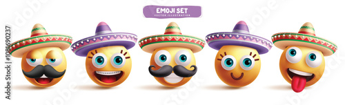 Mexican emoji characters vector set. Emojis Mexico america clip art character in tired, happy, smiling, friendly and naughty facial expression wearing sombrero collection. Vector illustration