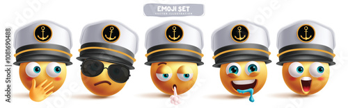 Navy emoji smileys characters vector set. Emoji marine clip art character in shy, sad, exhausted, hungry and shock facial expression wearing captain sailor hat collection. Vector illustration 3d icon 