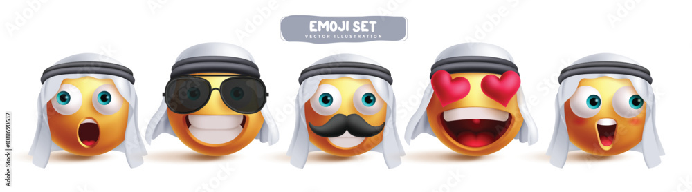 Obraz premium Arab emoji characters vector set. Sheikh saudi emojis clip art character in shock, happy, smiling, in love and amaze facial expression wearing ghutra headscarf collection. Vector illustration 3d Arab