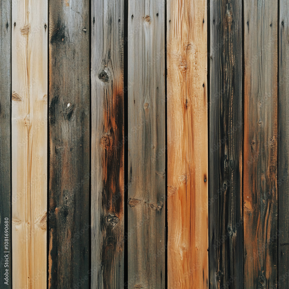 Fototapeta premium Rustic Wooden Planks with Weathered Texture and Natural Hues, A weathered wooden plank texture with various shades of brown and gray, Vintage Wooden Board Texture in Shades of Brown and Gray.