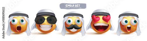 Arab emoji characters vector set. Sheikh saudi emojis clip art character in shock, happy, smiling, in love and amaze facial expression wearing ghutra headscarf collection. Vector illustration 3d Arab 