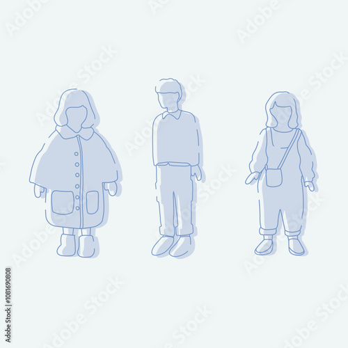 flat minimal children male and female vector illustration in winter clothing concept isolated set collection. Outline with silhouette shadow. For architecture rendering, design, info graphic, media