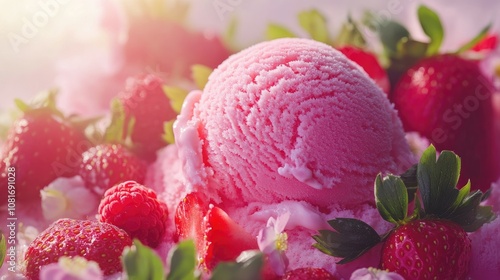 Close-up of a vibrant strawberry ice cream scoop with garnishing berries, perfect for a summer dessert menu or cafe banner.