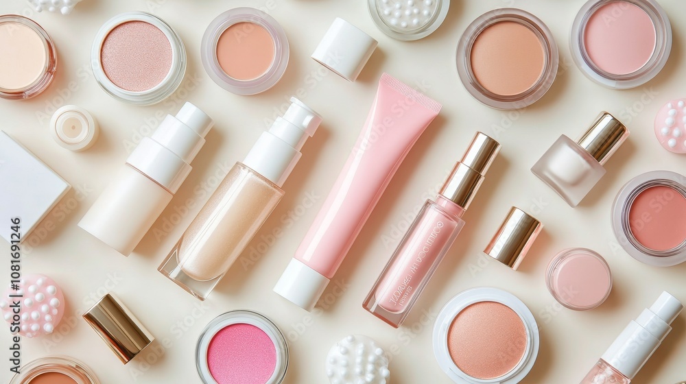 An Array of Makeup Products Arranged on a White Surface An Array of Makeup Products Arranged on a White Surface