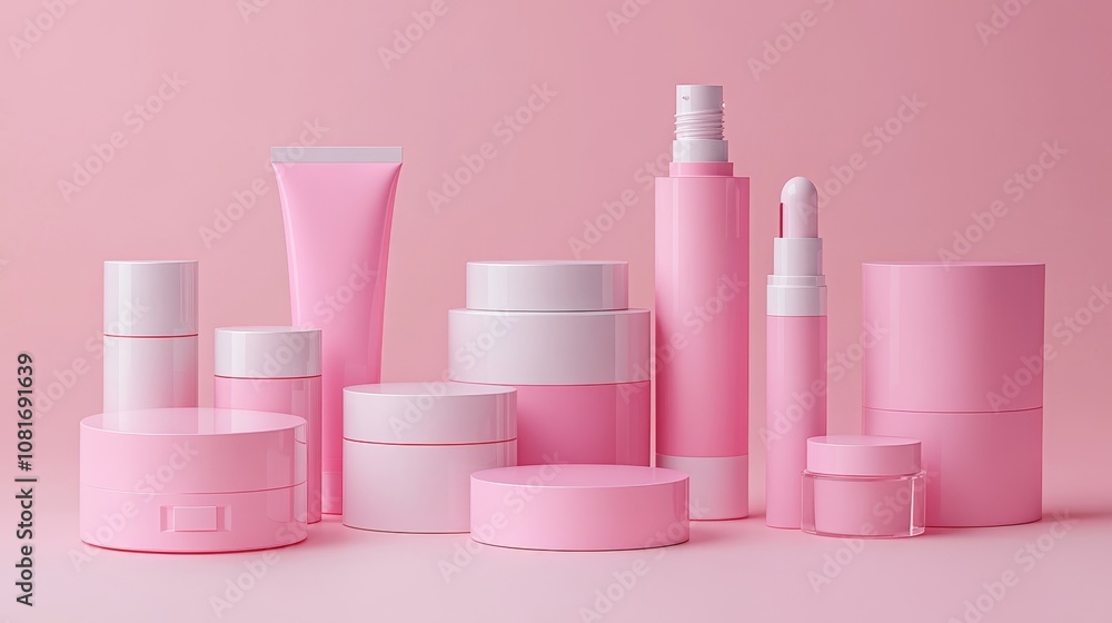 Pink and White Cosmetic Products on a Pink Background Pink and White Cosmetic Products on a Pink Background