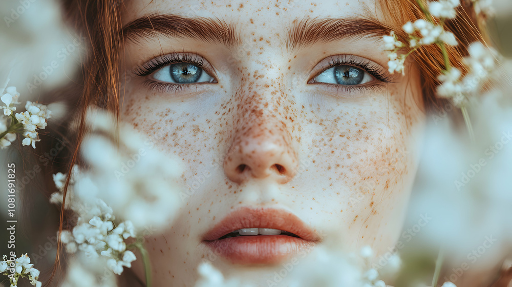 Close-up Portrait of Freckled Woman with Flowers, Soft Focus, Illustrative Photography Style Close-up Portrait of Freckled Woman with Flowers, Soft Focus, Illustrative Photography Style