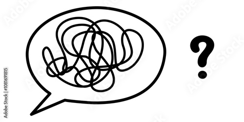 Tangle bubble of confused thoughts with question mark. Vector linear drawing doodle. Psychological concept of problem solving. Continuous tangled line.