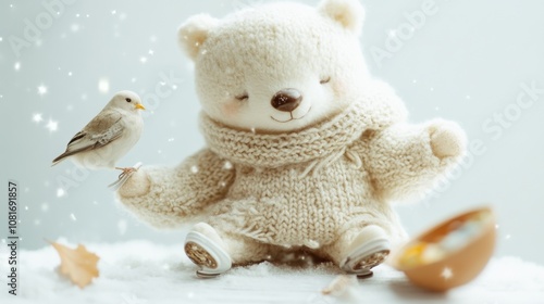 Wallpaper Mural Adorable plush bear in cozy knitwear with a bird perched on its paw in a snowy scene, AI Torontodigital.ca