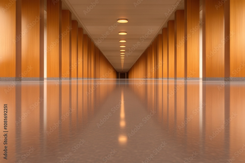 A serene corridor with wooden panels and reflective flooring, creating a sense of depth and tranquility. A serene corridor with wooden panels and reflective flooring, creating a sense of depth and tranquility.
