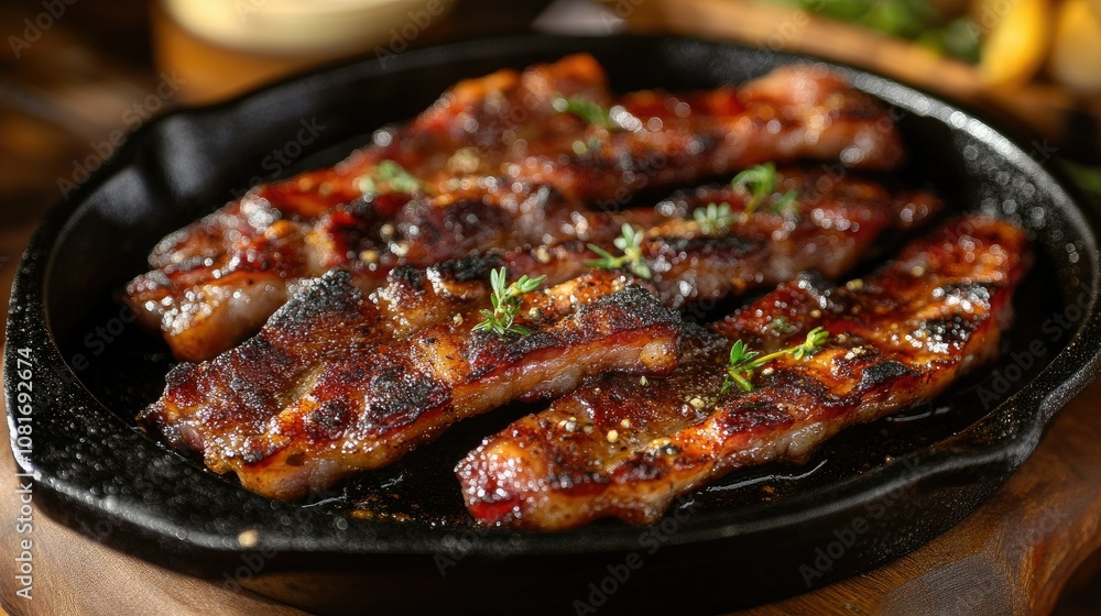 Crispy, sizzling bacon strips on a cast-iron skillet, cooked to perfection with a hint of pepper and herbs. Crispy, sizzling bacon strips on a cast-iron skillet, cooked to perfection with a hint of pepper and herbs.