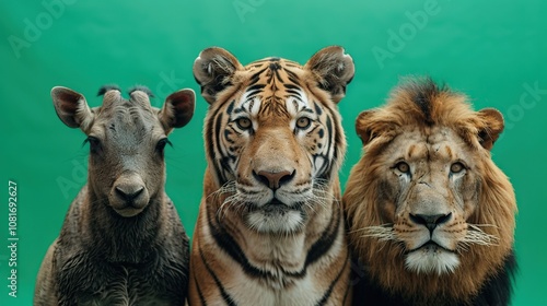 A tiger, a lion and a wild goat looking directly at the camera against a green screen.