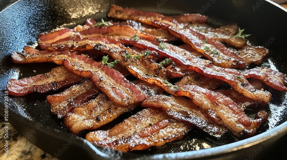 Crispy, sizzling bacon strips on a cast-iron skillet, cooked to perfection with a hint of pepper and herbs. Crispy, sizzling bacon strips on a cast-iron skillet, cooked to perfection with a hint of pepper and herbs.