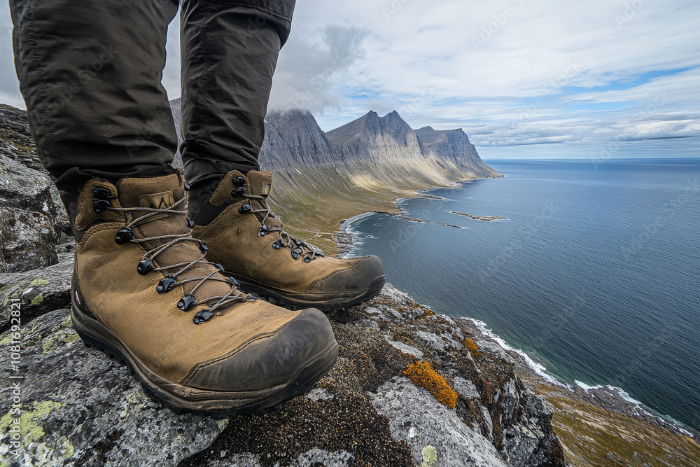 Low-angle shot of a hiker’s boots at the edge of a cliff with a vast ocean and mountain range beyond. Low-angle shot of a hiker’s boots at the edge of a cliff with a vast ocean and mountain range beyond.