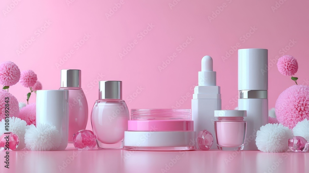 A Collection of Skincare Products with Pink Flowers on a Pink Background A Collection of Skincare Products with Pink Flowers on a Pink Background