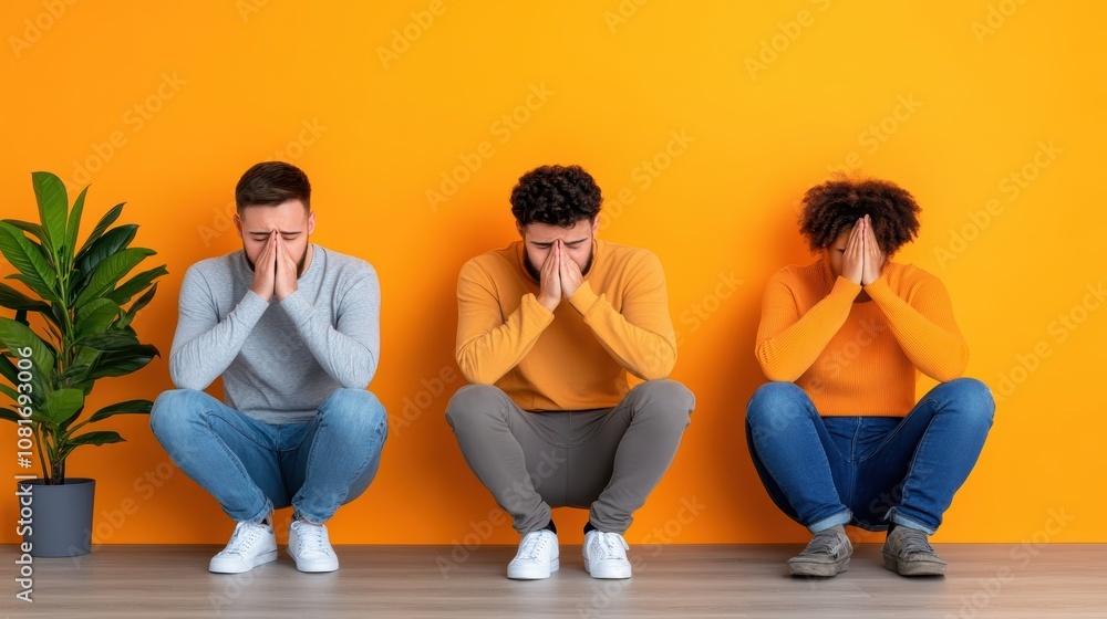 Naklejka premium Upset Diverse Group People Sitting Floor Stress Sadness Worry Despair Problem Emotional Distress