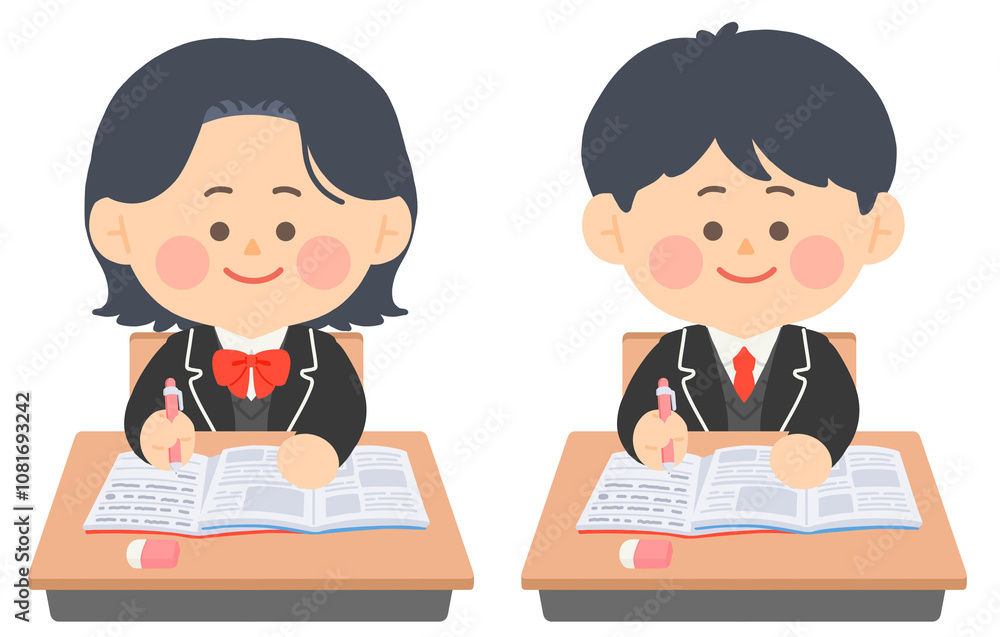 학교에서 수업중인 여학생과 남학생 학교에서 수업중인 여학생과 남학생