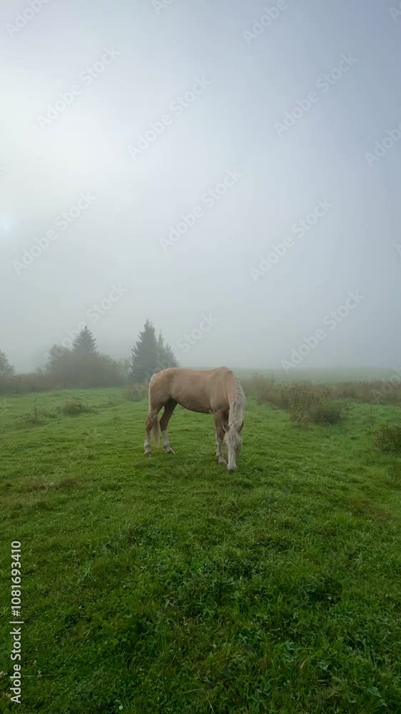 Beautiful fair horse on the meadow, misty magical morning, late summer, fantasy like, gold champagne colored. Slow motion. Vertical video.