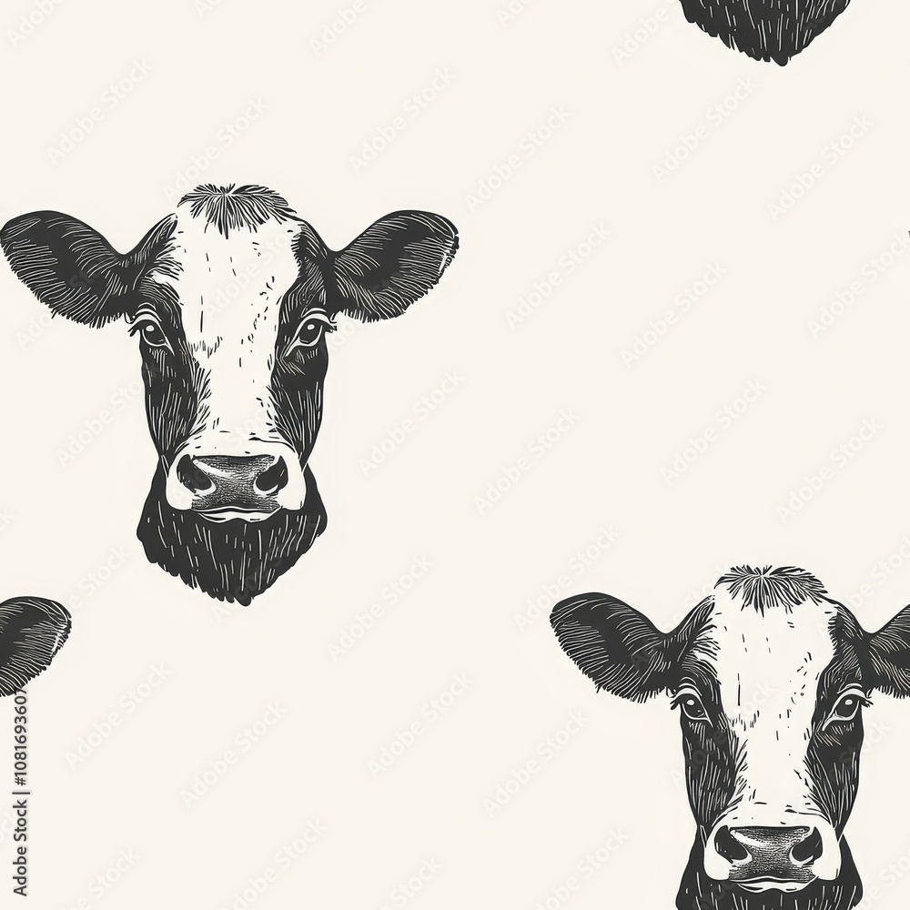 Obraz premium Seamless pattern with black and white cow heads on light background, ideal for farm-themed decor