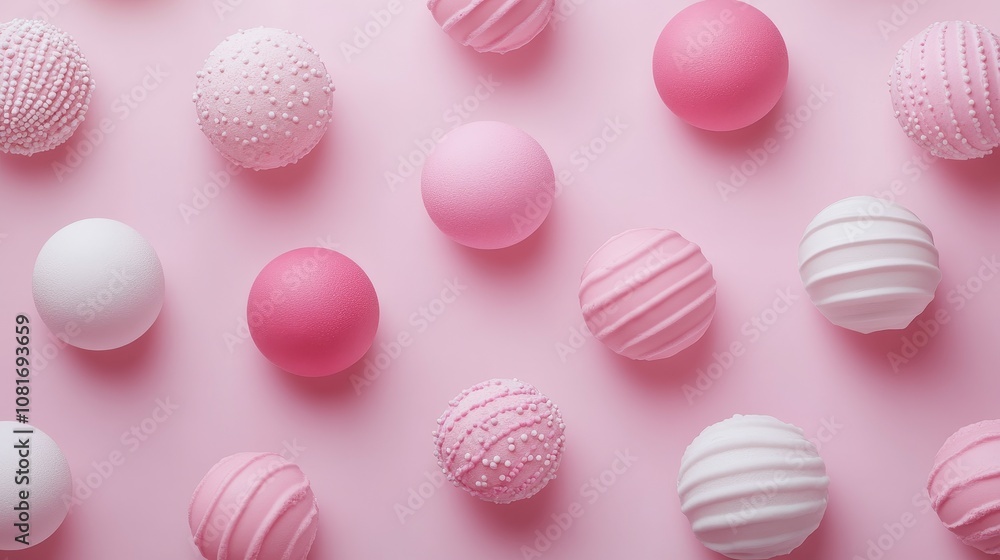 Pink and White Swirled and Solid Round Candies on Pink Background Pink and White Swirled and Solid Round Candies on Pink Background