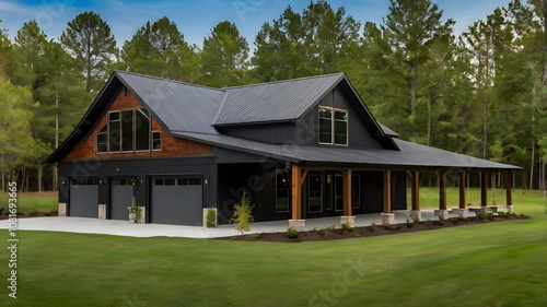 A barndominium home with black roof and black siding at lakeside.