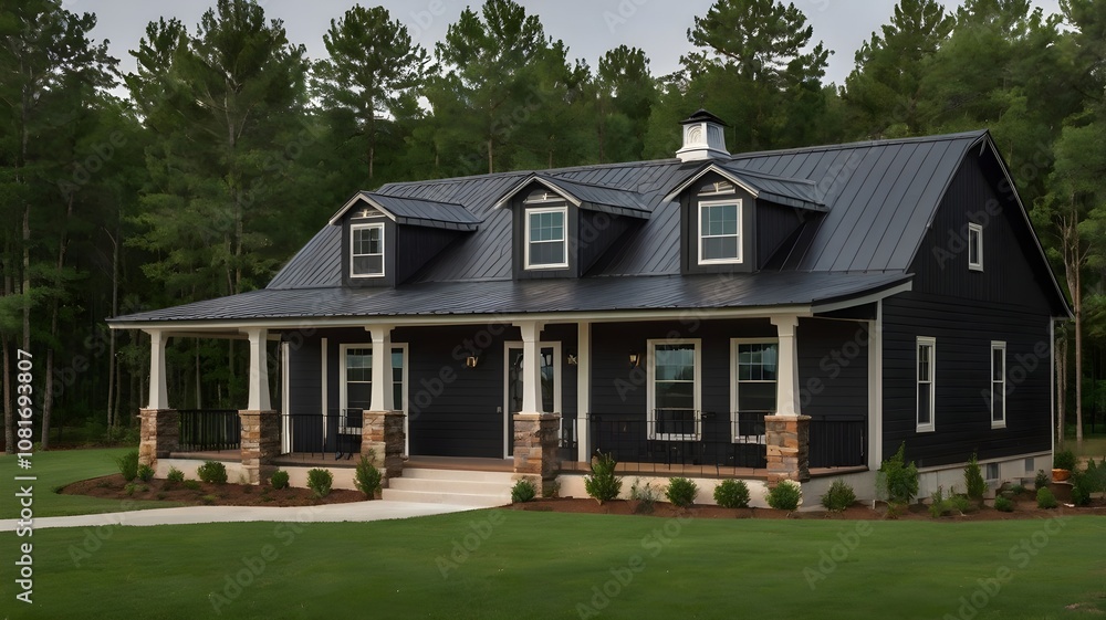 A barndominium home with black roof and black siding at lakeside. A barndominium home with black roof and black siding at lakeside.