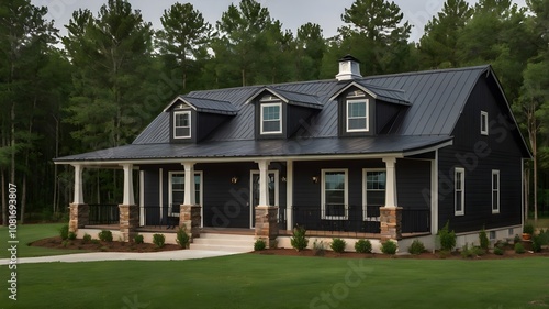 A barndominium home with black roof and black siding at lakeside.