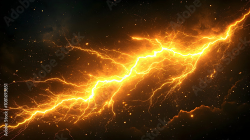 Fiery Golden Lightning Bolt Streaks Across a Dark, Starry Background, Digital Illustration