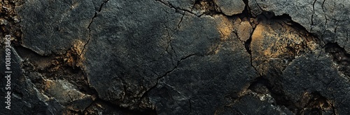 Black Rock and Tree Bark Texture: Dark Gray Stone Surface with Cracks for Design and Banner