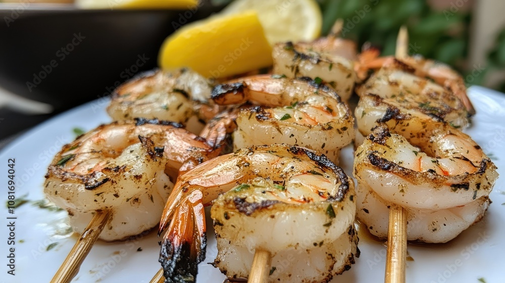 Deliciously grilled shrimp arranged on a bamboo skewer, seasoned with lemon zest and herbs, ready to enjoy outdoors with friends. Deliciously grilled shrimp arranged on a bamboo skewer, seasoned with lemon zest and herbs, ready to enjoy outdoors with friends.