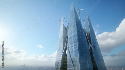 An energy-efficient skyscraper with a double-skin portion that minimizes sun gain and heat loss. Wind turbines are incorporated into the building's framework. photo