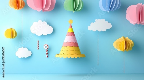 3D paper cut Happy birthday greeting vector design. party hat, whistle hanging elements and paper cut clouds background. Vector illustration birthday photo