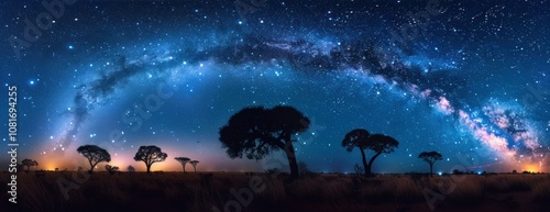 A starry night sky over a grassy field with silhouetted trees. AI.