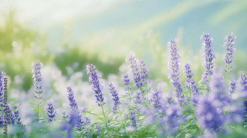 Obraz premium Field of purple lavender flowers, extending into the distance, with a soft-focus background of green and blue for a calming scene