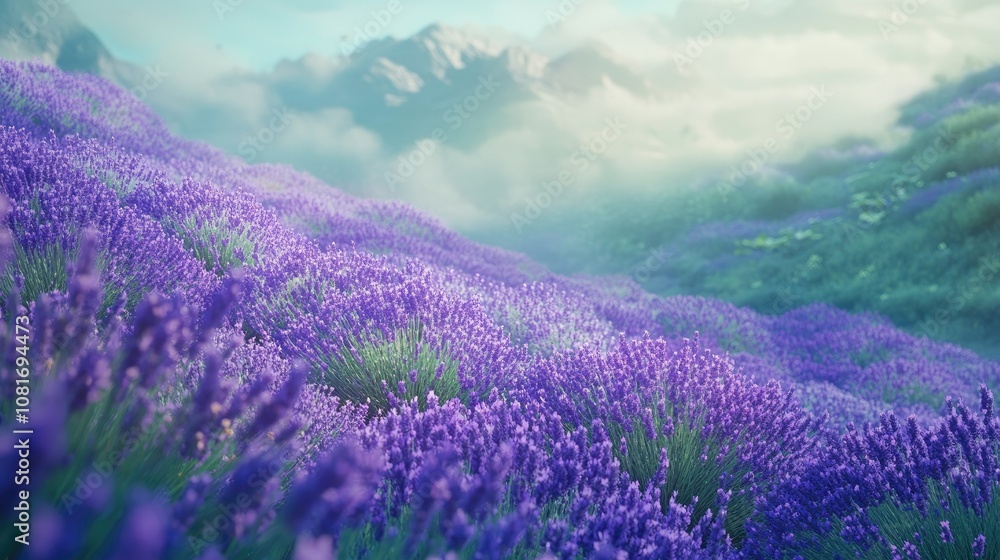 Field of purple lavender flowers, extending into the distance, with a soft-focus background of green and blue for a calming scene Field of purple lavender flowers, extending into the distance, with a soft-focus background of green and blue for a calming scene