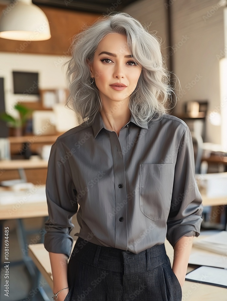 Silver Lining Style: Confident woman with stylish silver hair and gray shirt, exuding professionalism and grace in a modern office setting. Silver Lining Style: Confident woman with stylish silver hair and gray shirt, exuding professionalism and grace in a modern office setting.