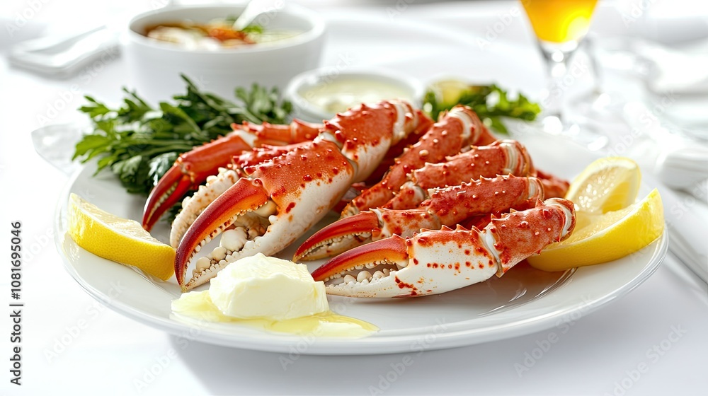 Fresh Alaskan king crab legs on a white plate with melted butter and lemon wedges for a luxurious seafood experience. Fresh Alaskan king crab legs on a white plate with melted butter and lemon wedges for a luxurious seafood experience.