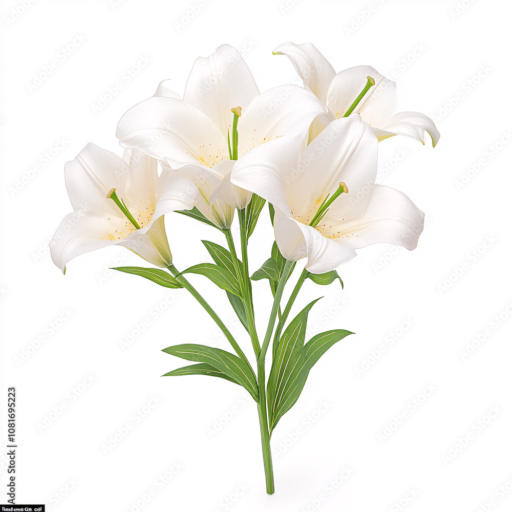 A serene arrangement of white lilies symbolizing purity and beauty perfect for brightening any space on white background A serene arrangement of white lilies symbolizing purity and beauty perfect for brightening any space on white background