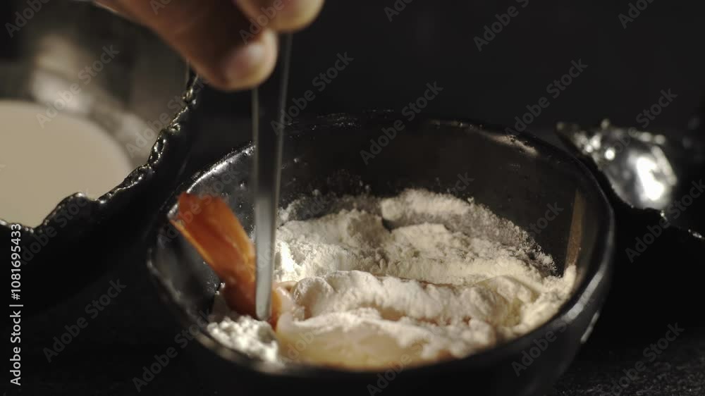 Preparing the shrimp, Coating in flour to get a crispy texture Preparing the shrimp, Coating in flour to get a crispy texture