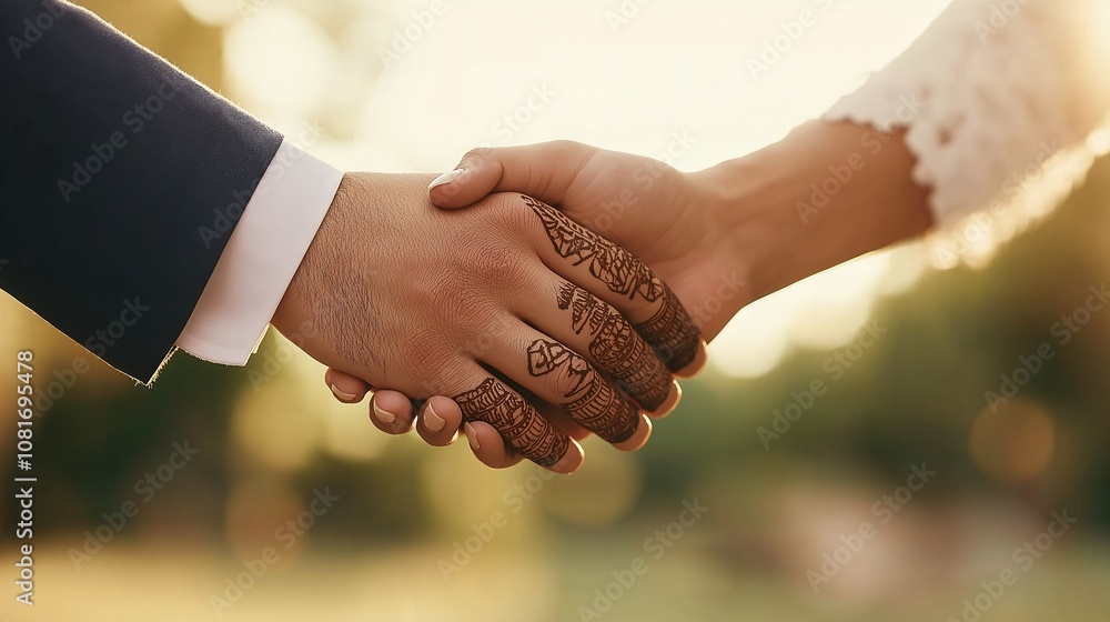 Hand in Hand: A close-up of a bride and groom's hands clasped together, symbolizing the union and commitment of their love. Hand in Hand: A close-up of a bride and groom's hands clasped together, symbolizing the union and commitment of their love.