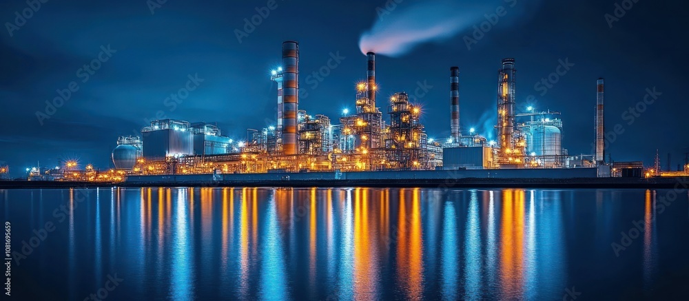 Naklejka premium Illuminated industrial complex at night with reflections on water.