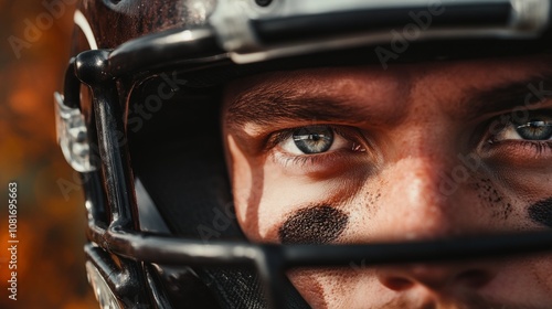 A football quarterback's eyes focused downfield, outdoor setting with autumn leaves, Intense style photo