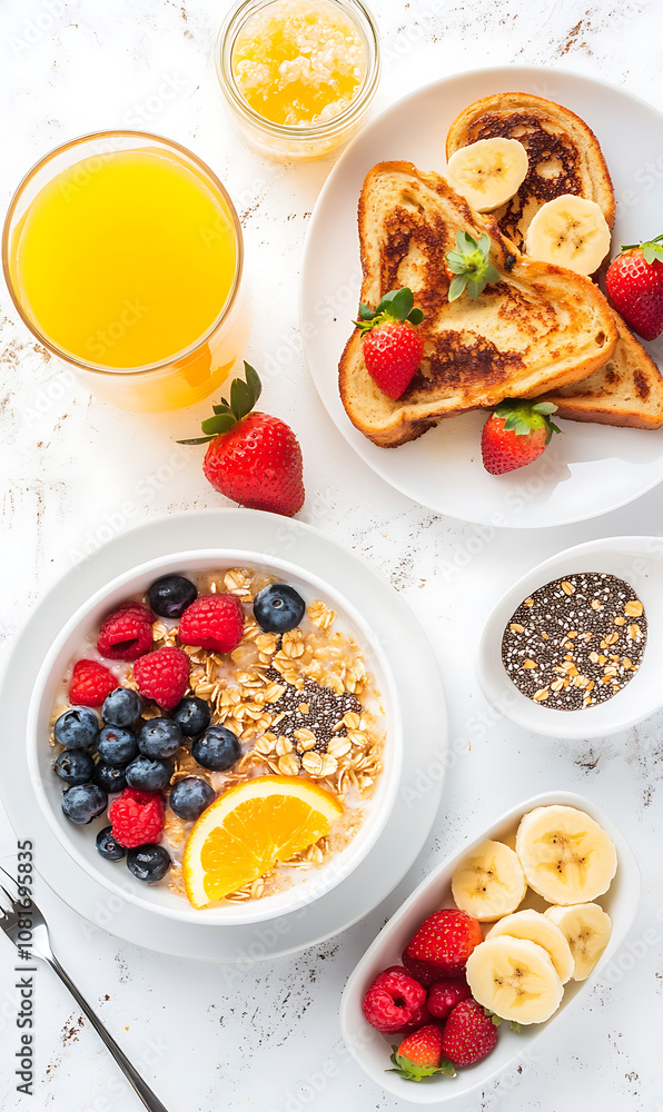 vibrant breakfast spread featuring cereal topped with berries, banana slices, and orange juice, alongside French toast and fresh strawberries, creating delightful morning meal vibrant breakfast spread featuring cereal topped with berries, banana slices, and orange juice, alongside French toast and fresh strawberries, creating delightful morning meal