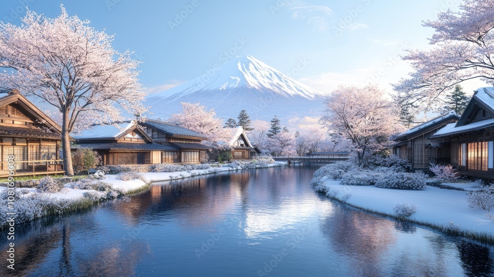 Fototapeta premium traditional Japanese old house at countryside of Japan with blooming pink Sakura or Cherry blossom and Fuji mountain at background.