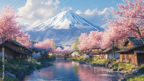  traditional Japanese old house at countryside of Japan with blooming pink Sakura or Cherry blossom and Fuji mountain at background.