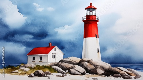 Dramatic Seascape Lighthouse Keeper s House Rocky Coast Cloudy Sky photo