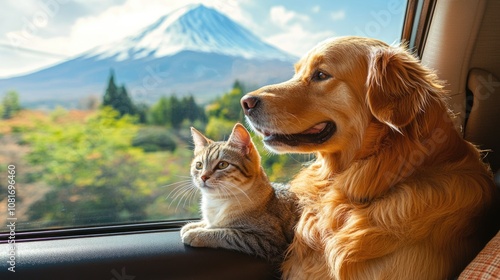 A happy relaxing golden retriever dog with cute cat at car window on holiday road trip to Fuji mountain, Japan