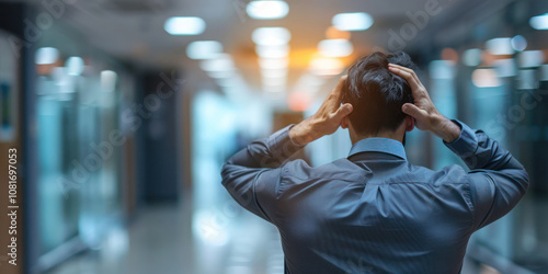 A businessman is very upset and grabs his head. He is under a lot of stress. photo